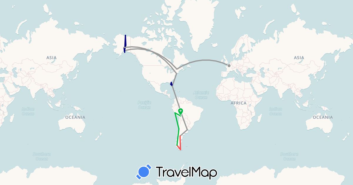 TravelMap itinerary: driving, bus, plane, hiking in Argentina, Bolivia, Canada, Chile, France, Peru, United States (Europe, North America, South America)